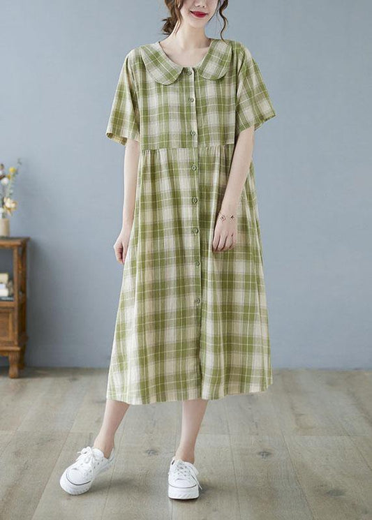 Boho Green Plaid Peter Pan Collar Button Summer Party Dress Half Sleeve