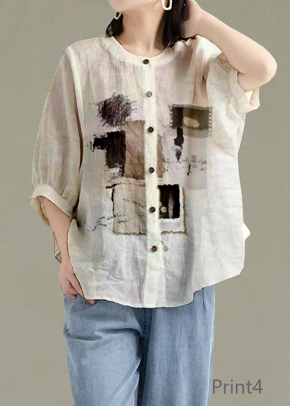 Art Print3 O-Neck Button Linen Loose Shirt Top Lantern Sleeve