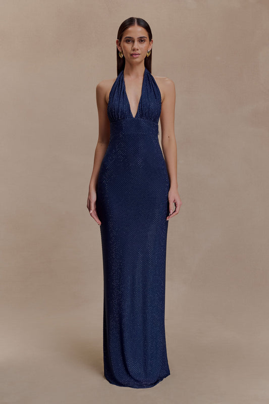 Navy Blue Halter Neck Sparkle Maxi Gown