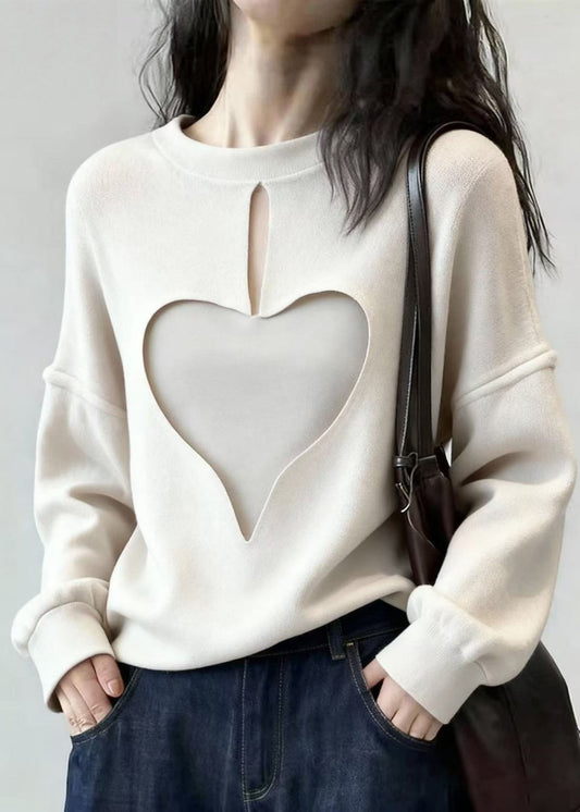 Stylish White Oversized Hollow Out Love Cotton Sweatshirts Top Spring