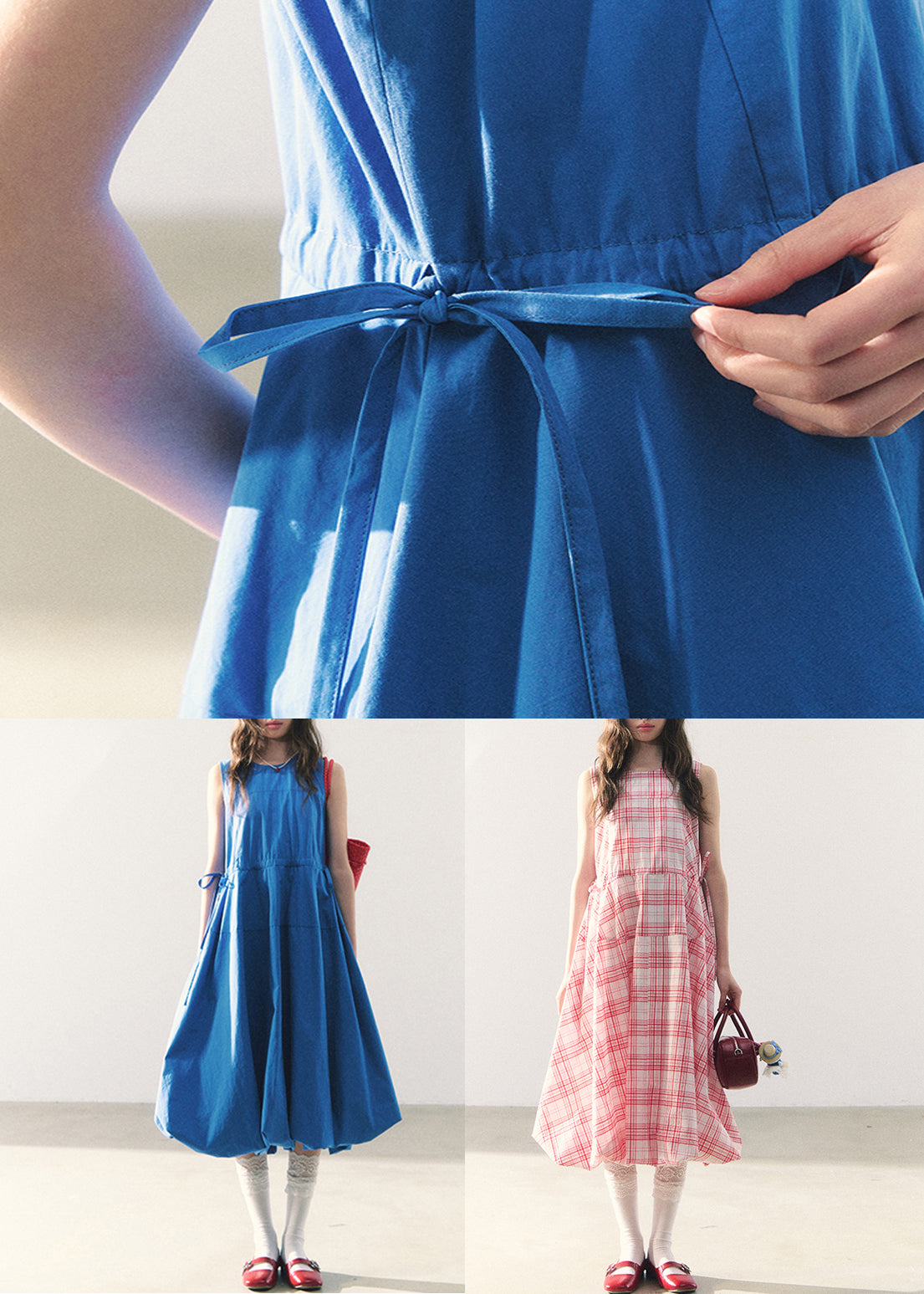 Original Blue O-Neck Tie Waist Cotton Long Dress Sleeveless