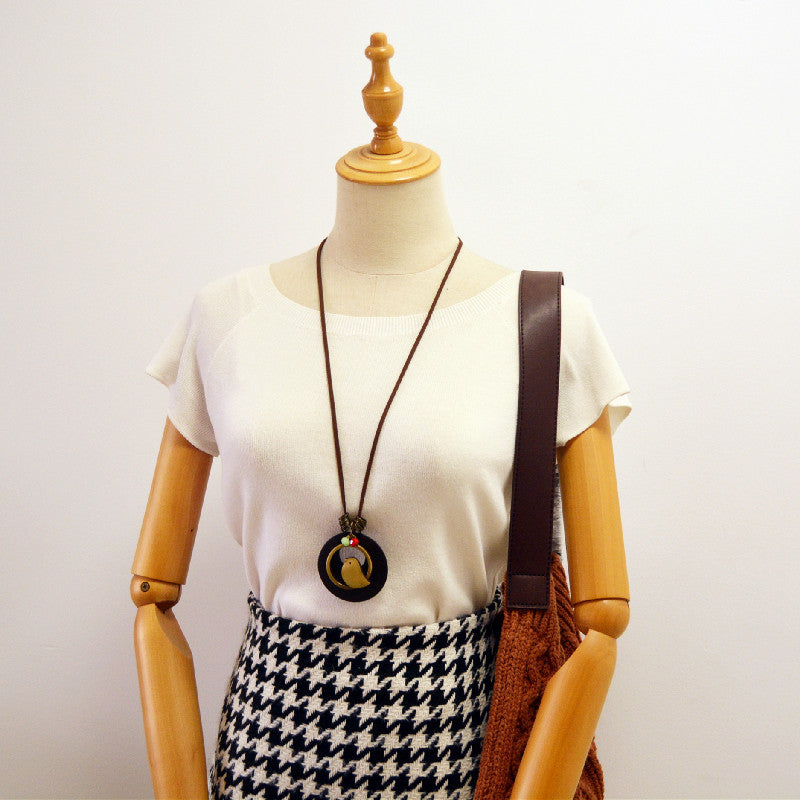 Wood Chip Bird Pendant Long Necklace