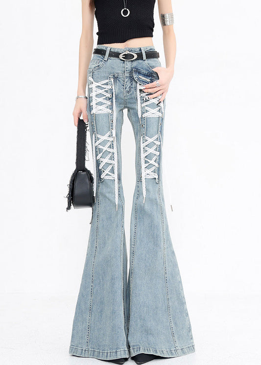 Original Design Blue Lace Up High Waist Denim Flared Trousers Fall