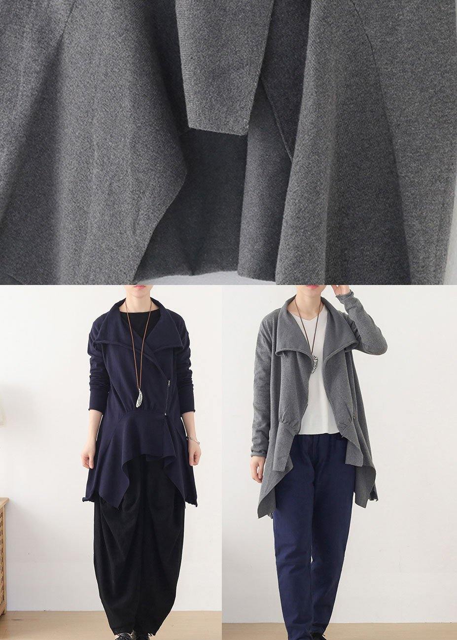 Chic Grey Peter Pan Collar Zippered Fall Short Coat