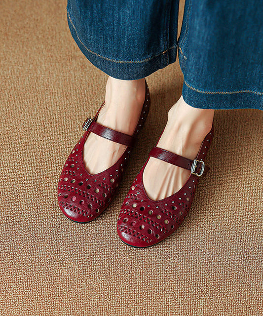 Handmade Buckle Strap Splicing Wedge Shoes Black Sheepskin Hollow Out