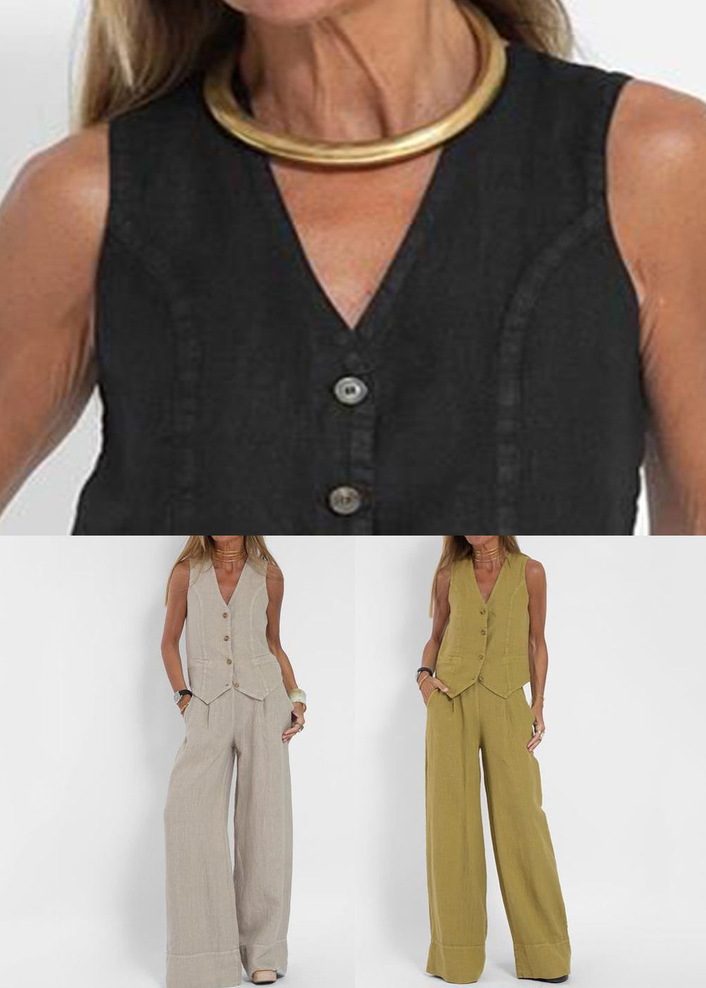 Olive Green Pockets Solid Linen Two Pieces Set V Neck Summer