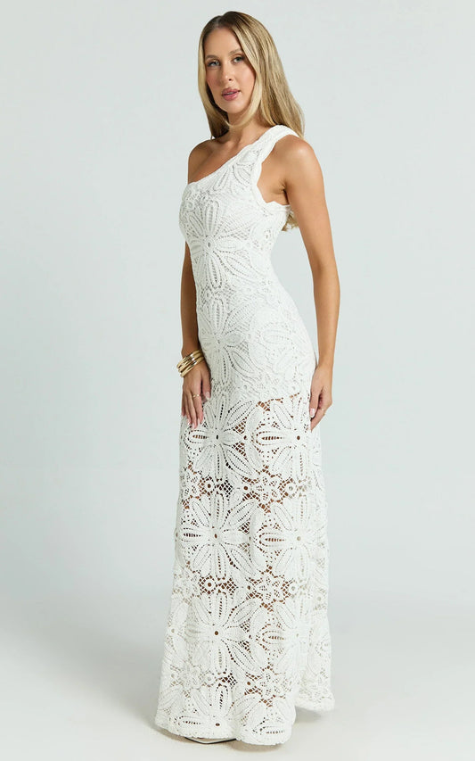 Charlene Maxi Dress - Crochet Knitted One Shoulder Maxi Dress In White