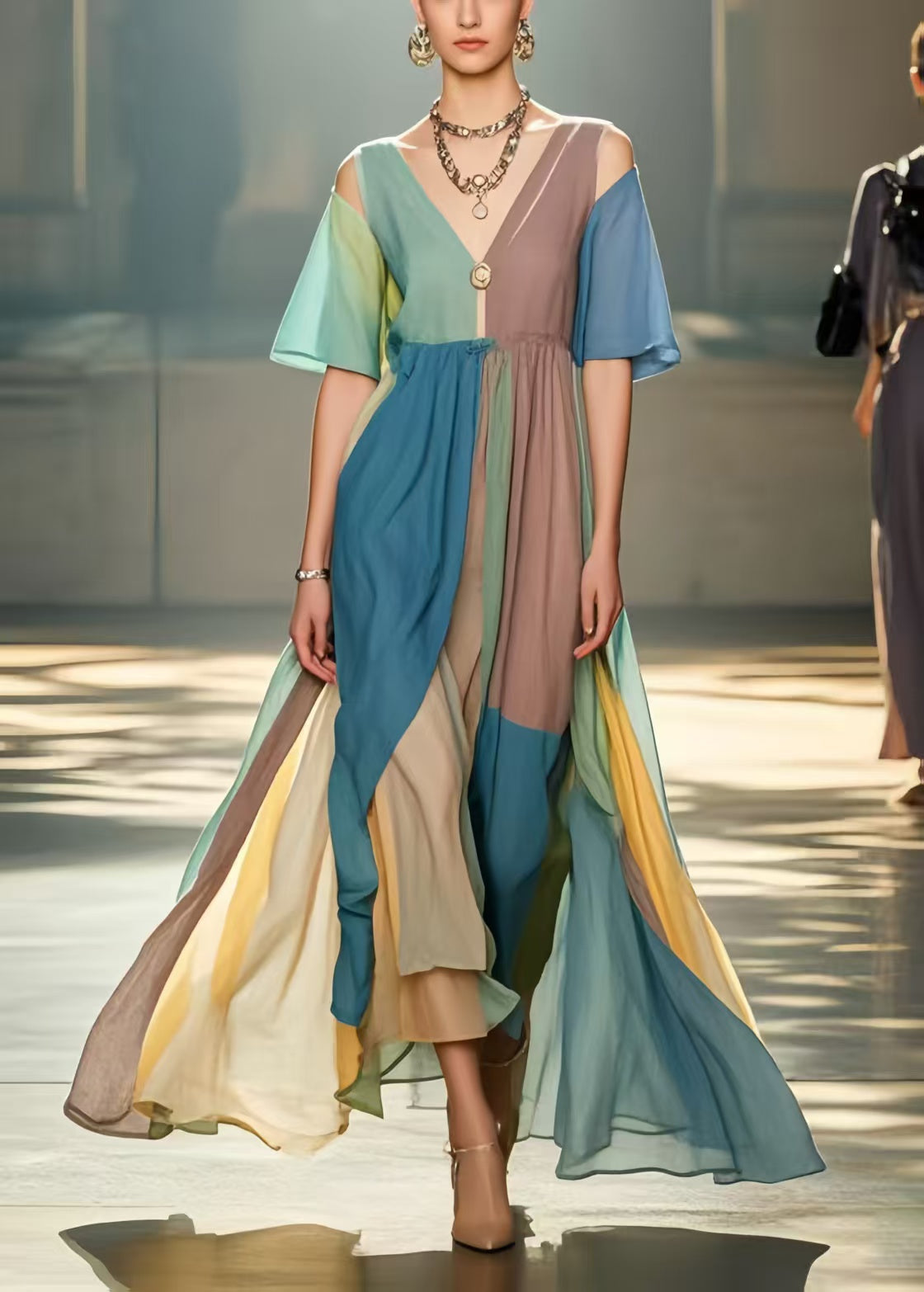 Beautiful Multicolour Cold Shoulder Exra Large Hem Beach Dress Summer