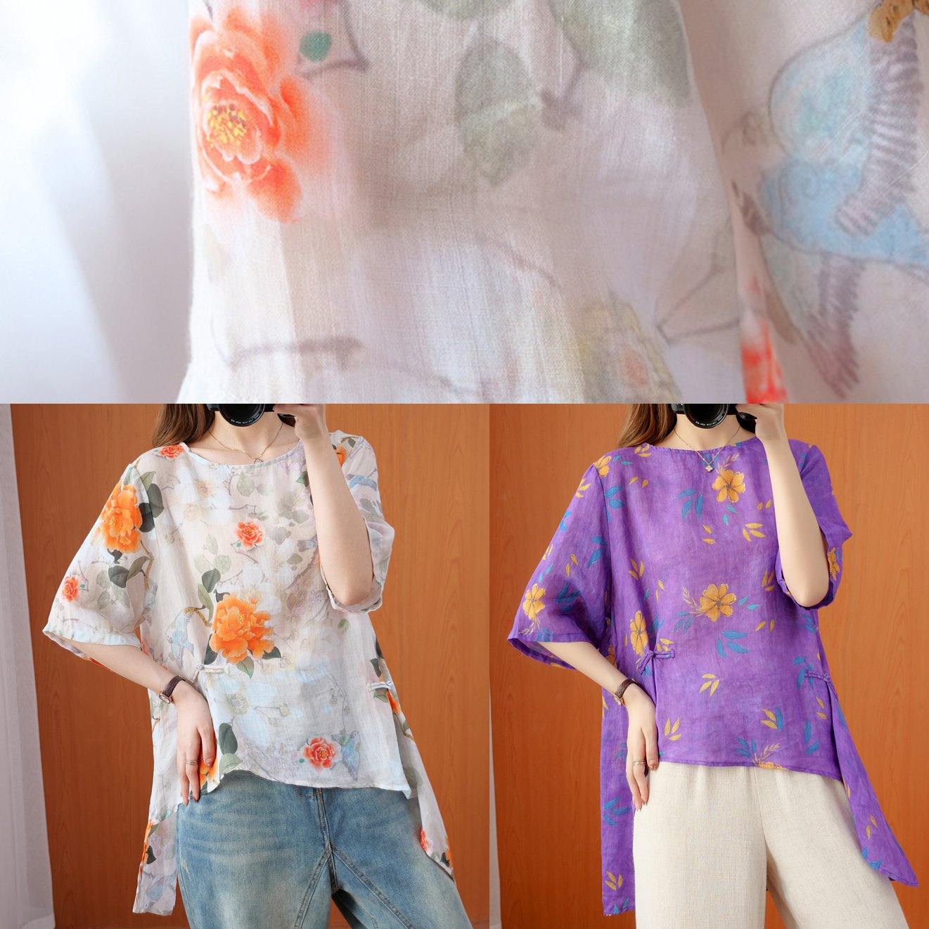 diy orange print clothes o neck asymmetric Art summer tops