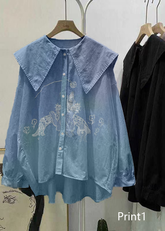 Bohemian Print2 Peter Pan Collar Button asymmetrical design Fall Long sleeve Top