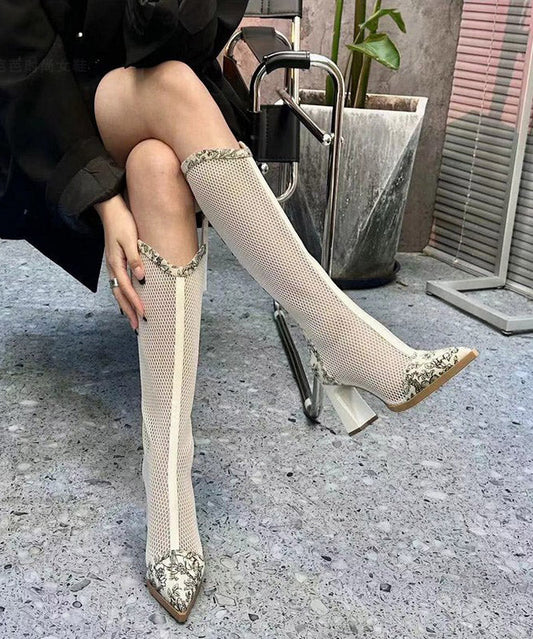 Black Hollow Out Mesh Tulle Splicing Chunky Heel Boots