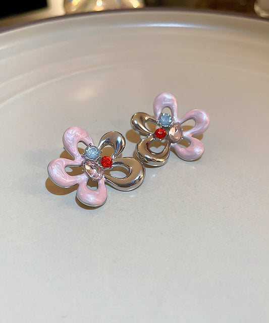 Cute Colorblock Alloy Zircon Drip Glaze Hollow Out Floral Stud Earrings