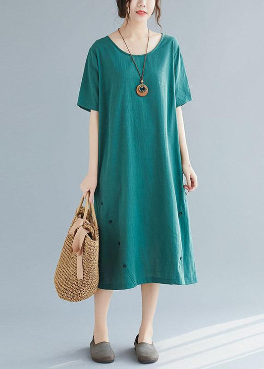 Elegant green Button decorated linen dresses wild summer Dresses