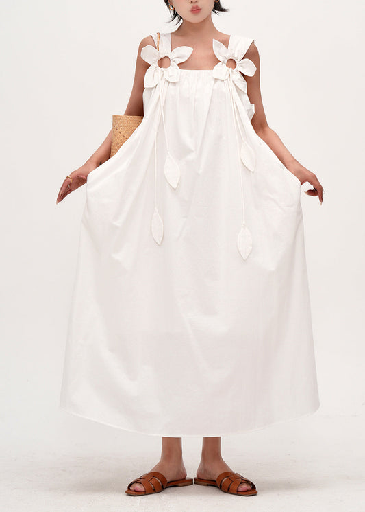 Simple White Oversized Floral Decorated Cotton Cami Dress Summer