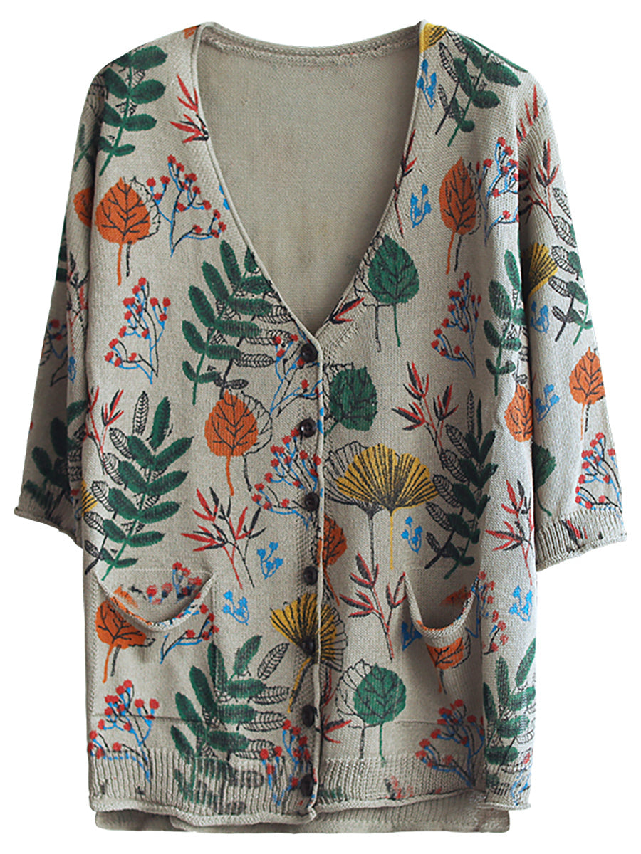 Plus Size - Leaf Printed Half Sleeve Women Knitted Shirt