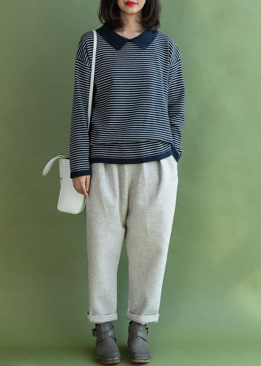 Aesthetic navy striped knitted t shirt lapel collar Loose fitting knitted blouse