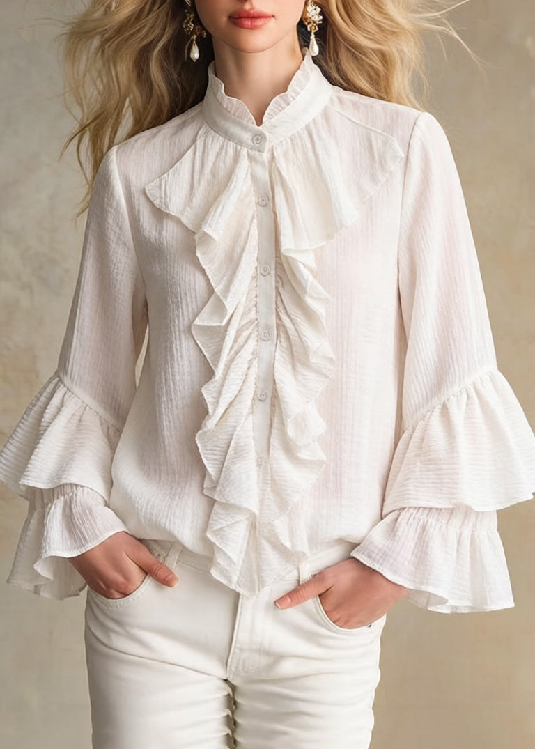 Elegant Apricot Stand Collar Ruffled Button Cotton Shirt
