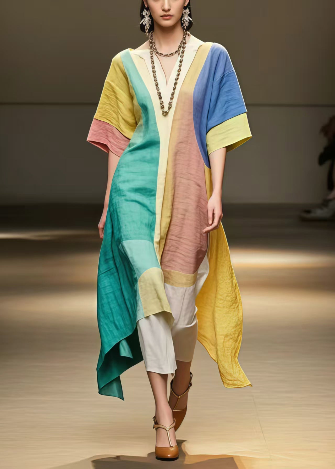 Fitted Polychrome Asymmetrical Patchwork Cotton A Line Dresses Summer
