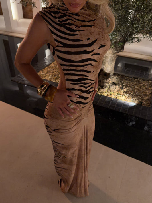 Asymmetric Turtleneck Zebra Print Open-Back Bodycon Maxi Dress