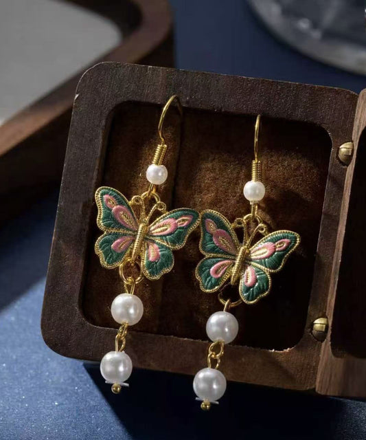Retro Gold Sterling Silver Overgild Butterfly Enamel Tassel Drop Earrings