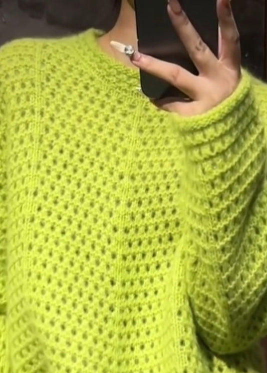 Vogue Green O-Neck Hollow Out Cotton Knit Sweater Fall