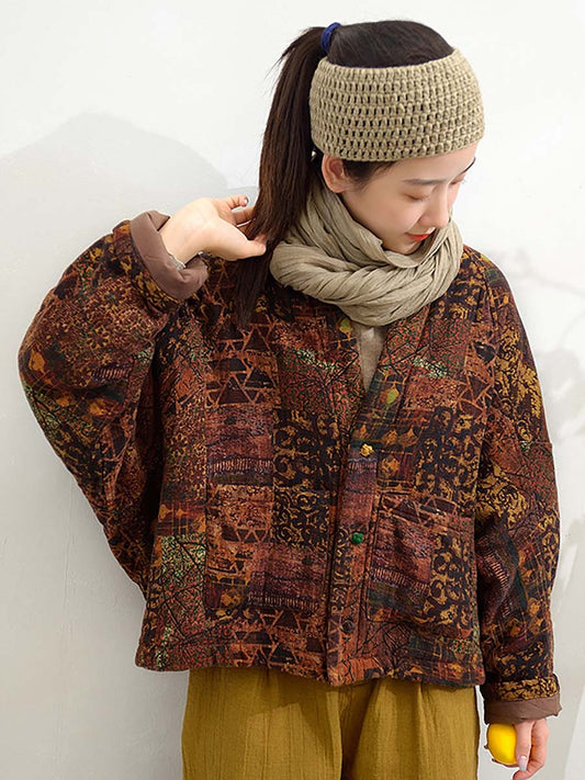 Women Winter Vintage Print Button Short Cotton Coat