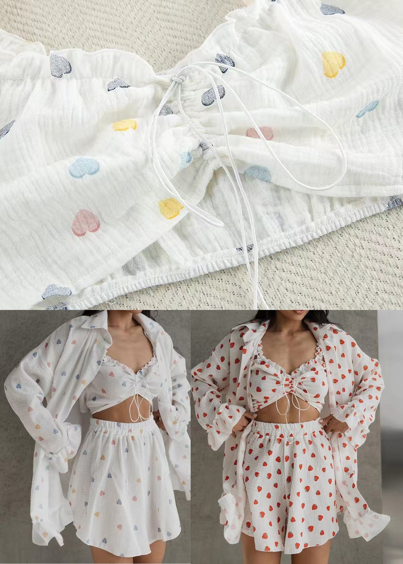 Women Strawberry Print Cotton Women Pajama Sets 3 Pieces Summer