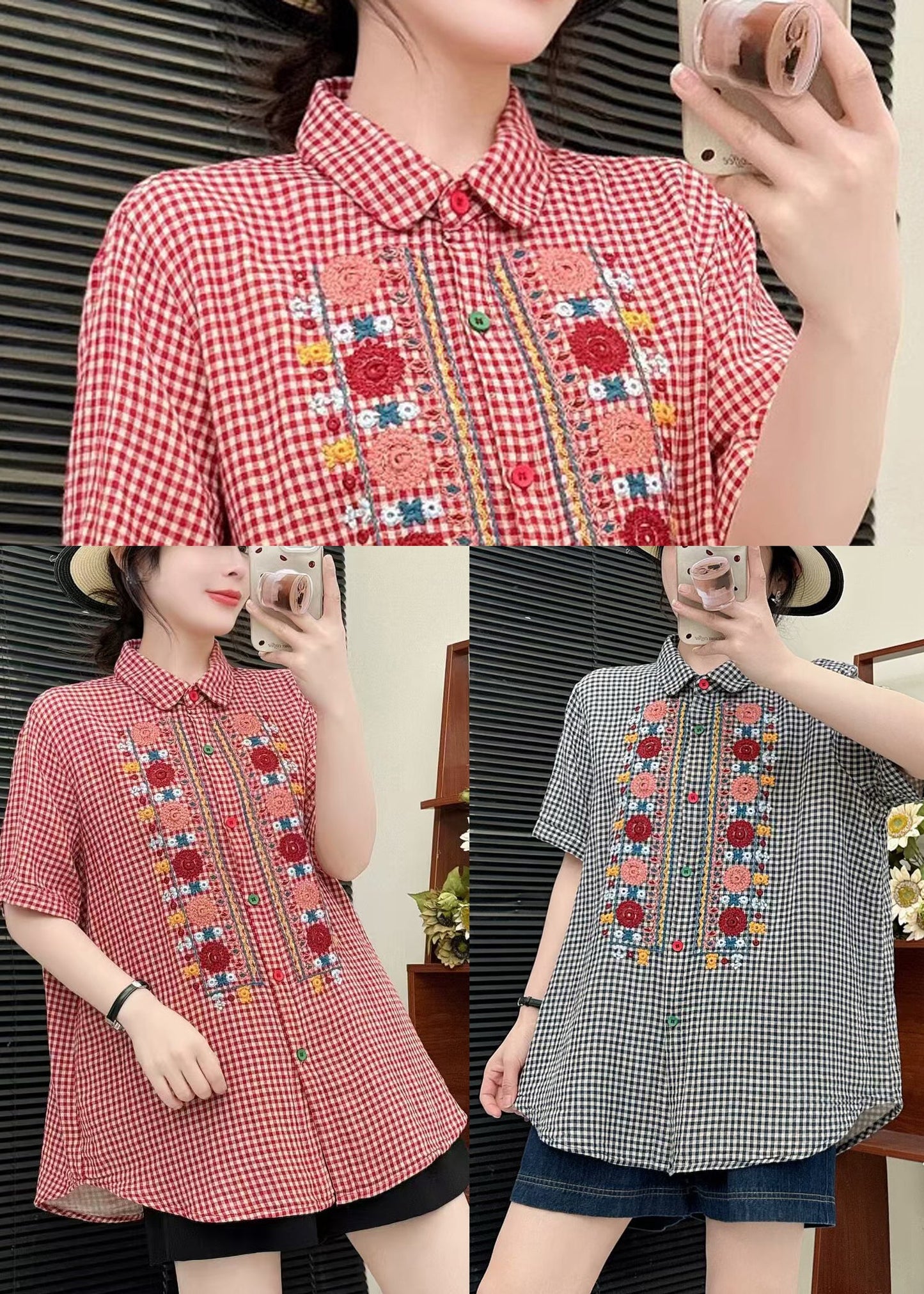Bohemian Red Embroidered Plaid Linen Tops Summer