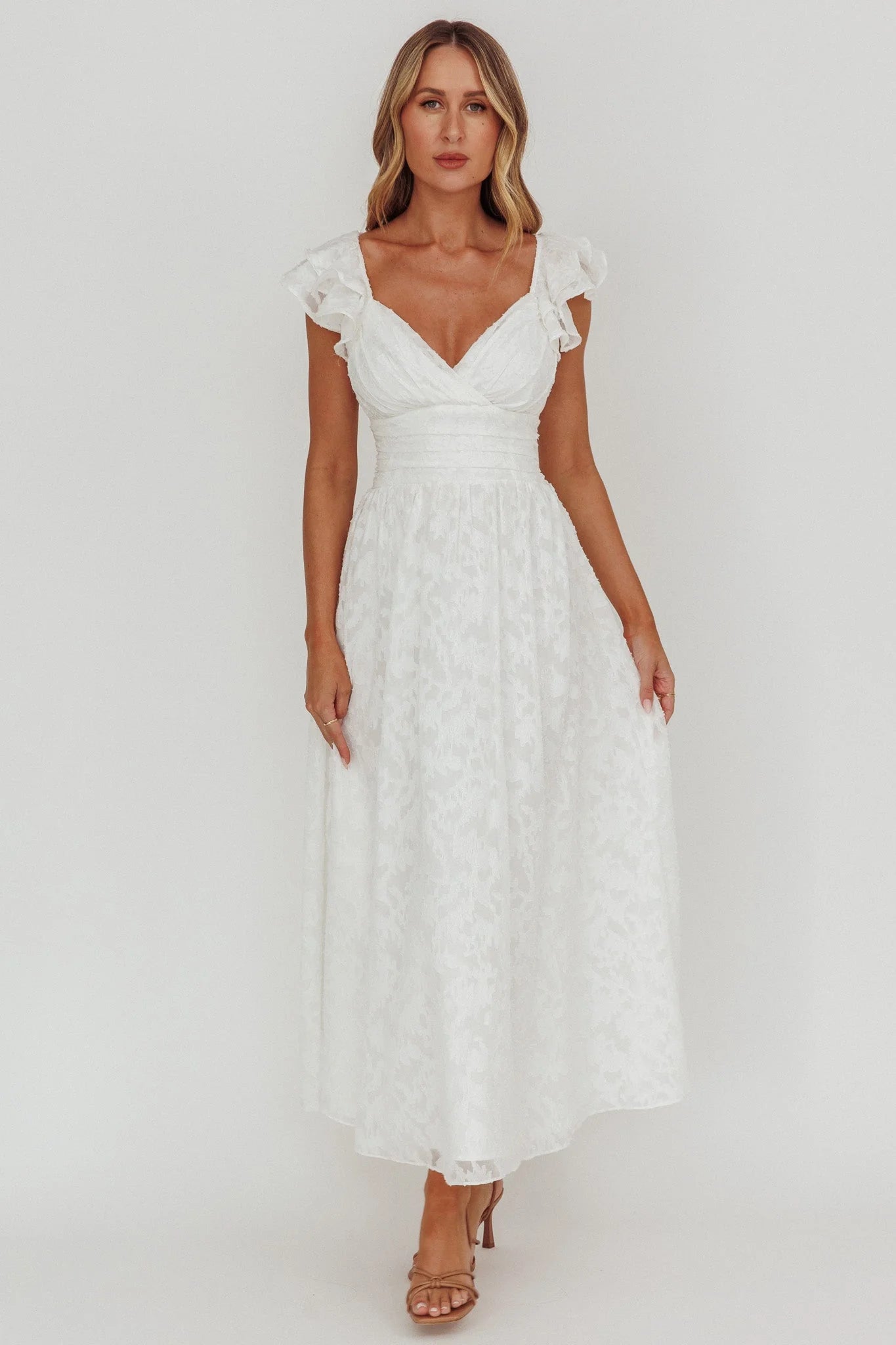 Lola Ruffle Shoulder Maxi Dress Textured White