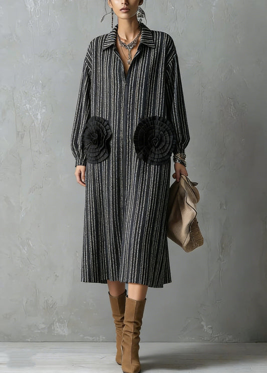 Handmade Black Zip Up Striped Floral Cotton Dresses Spring