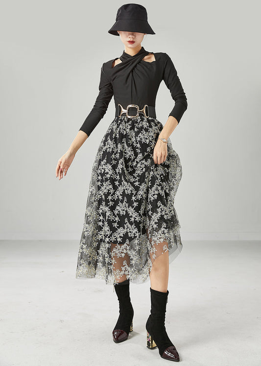 Stylish Black Embroideried Tulle Skirt Summer