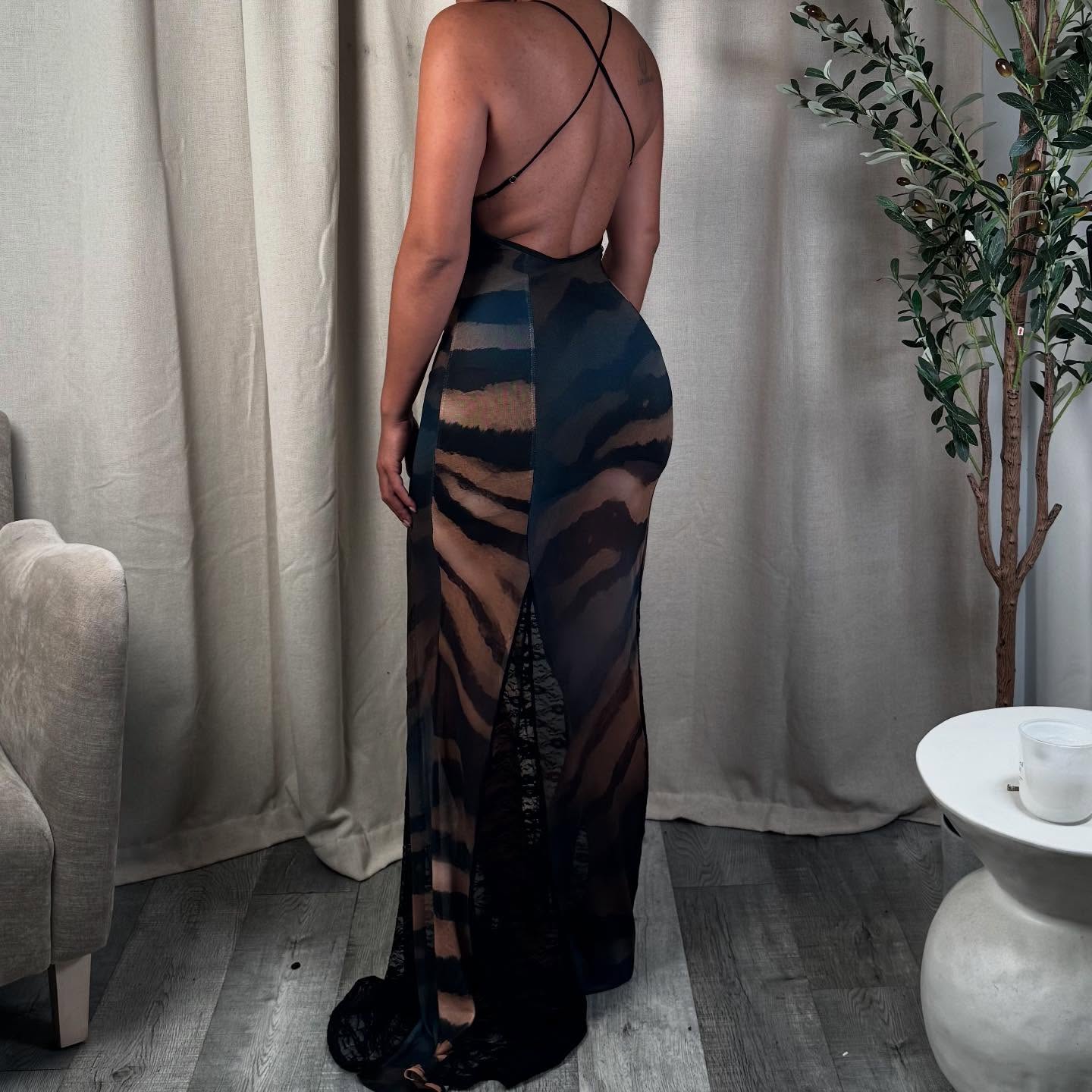 Edgy Girl Style Black-Brown Tiger Stripe Patchwork Mesh Backless Spaghetti Strap Lace Train Maxi Dress