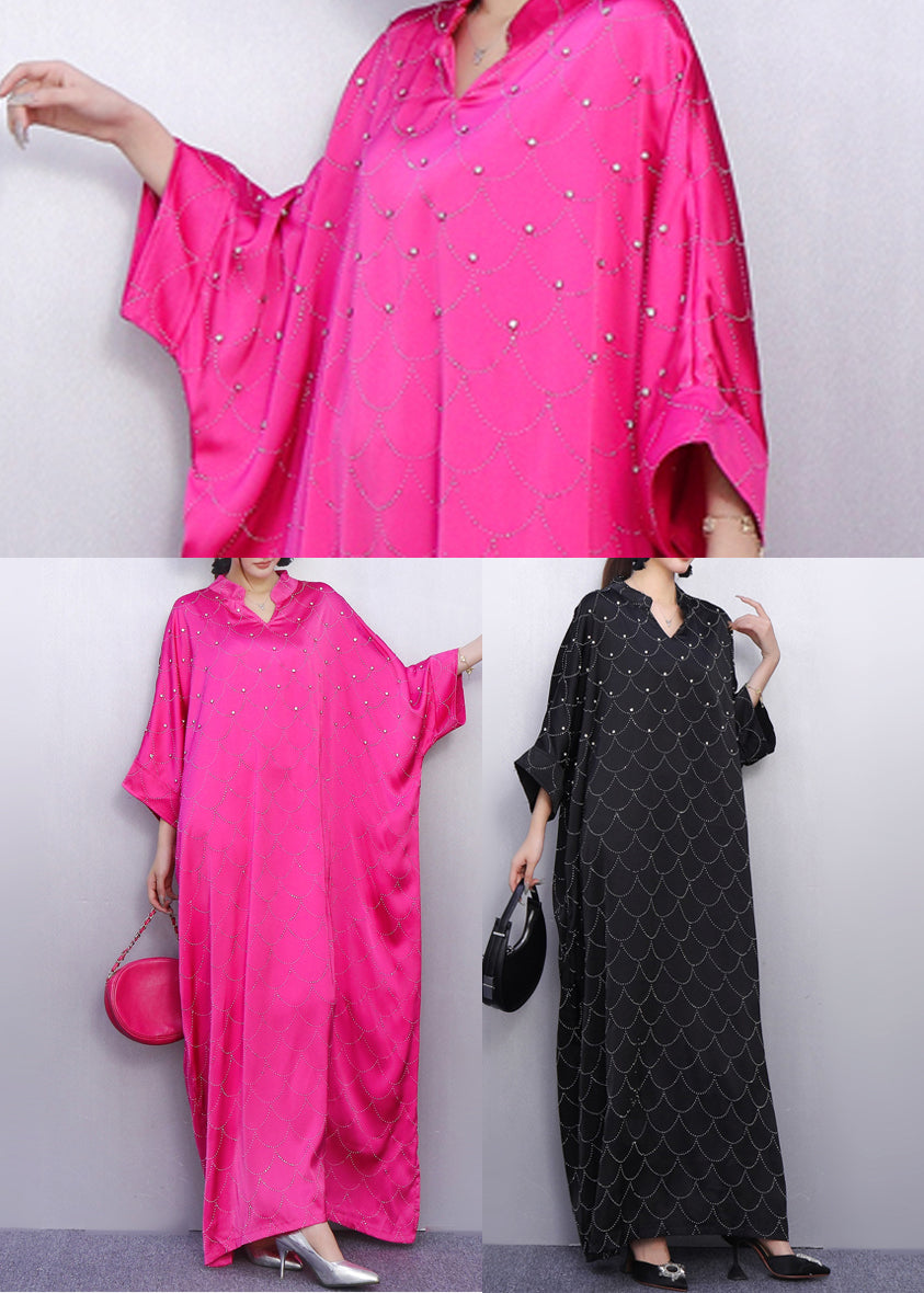 Vintage Rose Print Rhinestone Silk Vacation Dresses Batwing Sleeve