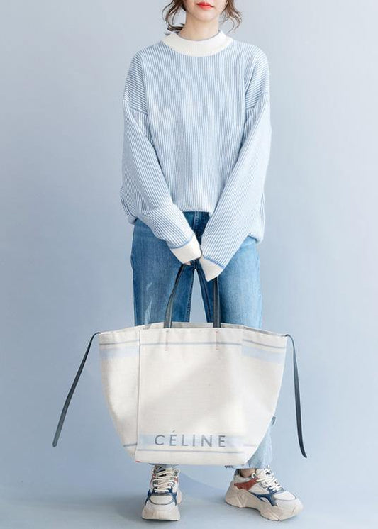Pullover winter blue white striped knit sweat tops casual high neck crane tops