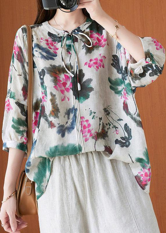 Stylish Beige Print tie Shirts Summer Cotton