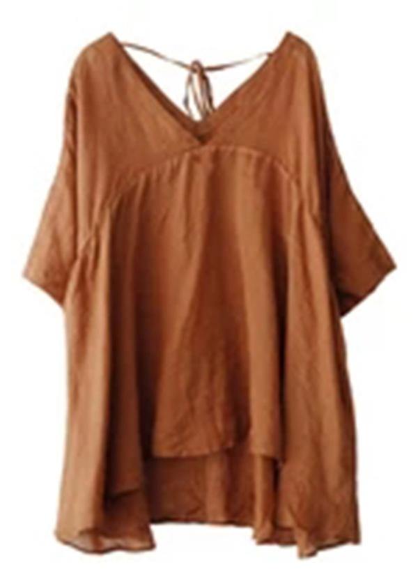 Women Orange Ramie Lace-up Pure Color Irregular Casual T-shirt