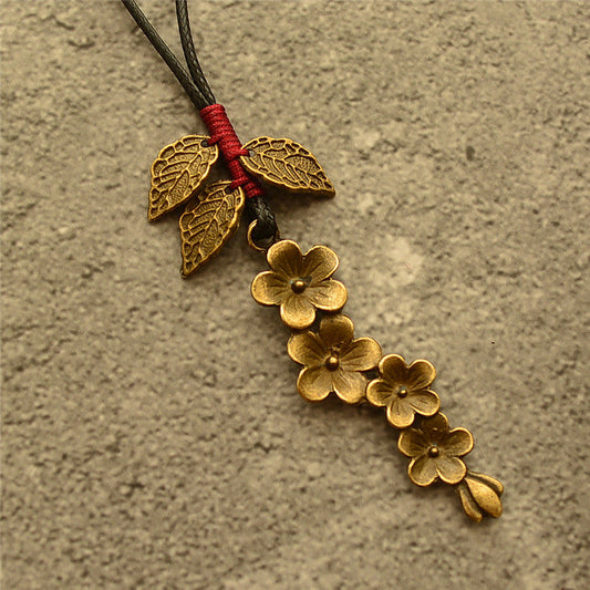 Cotton Linen Bronze Plum Blossom Leaves Literary Long Necklace