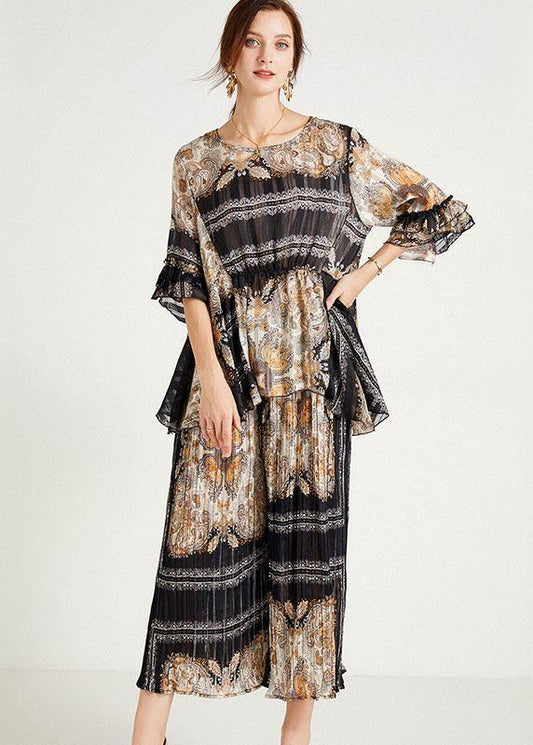 Women Black Print Apricot O-Neck Top Wide Leg Summer Two Pieces Set