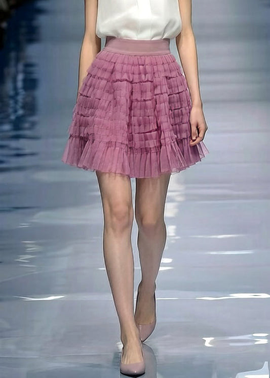 Loose Purple Wrinkled Elastic Waist Tulle Skirt Summer