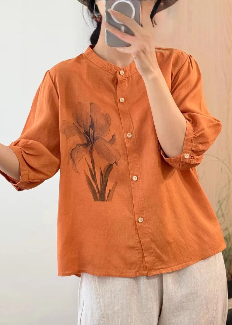 Vintage Orange Button Print Linen Blouses Half Sleeve