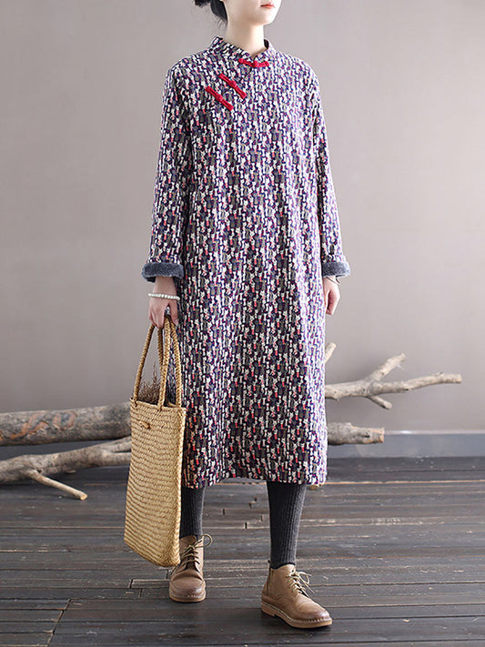 Women Winter Chinese Floral Print Frog Thick Long Dress