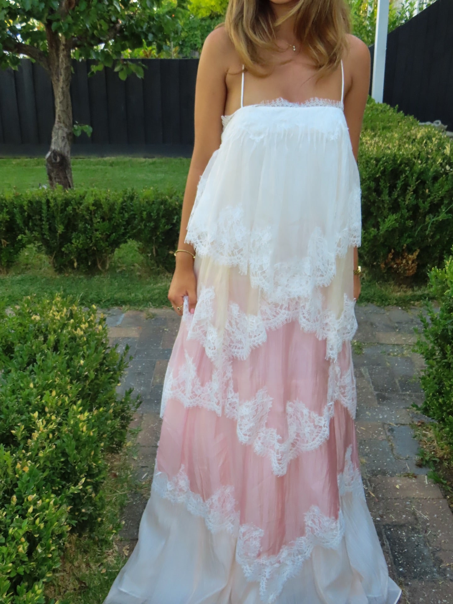 Pink & White Ombre Lace Layered Spaghetti Strap Cake Maxi Dress