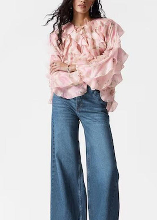 Women Pink Ruffled Patchwork Chiffon Shirt Tops Fall