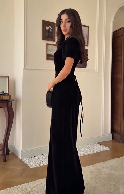Sexy Short Sleeve Hollow-out Solid Color Waist Tight Dress