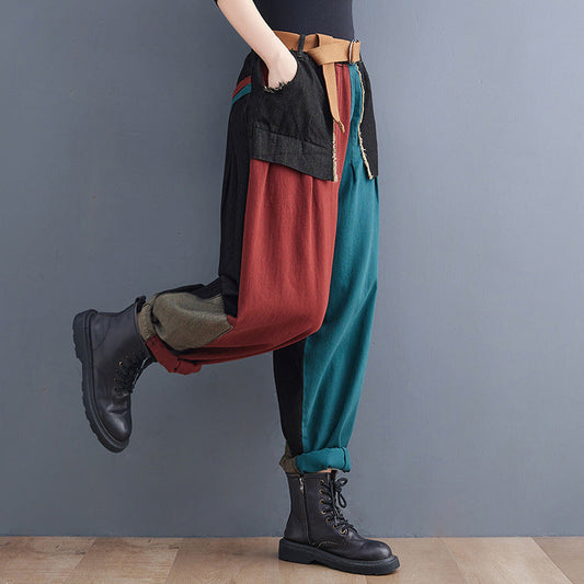 New Literary Plus Size Stitching Denim Harem Pants