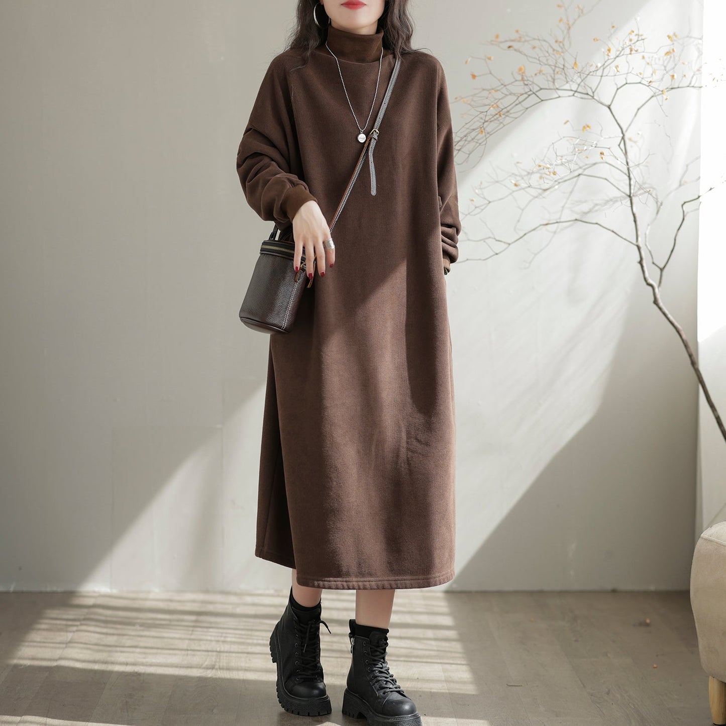 Autumn Winter Furred Turtleneck Casual Dress