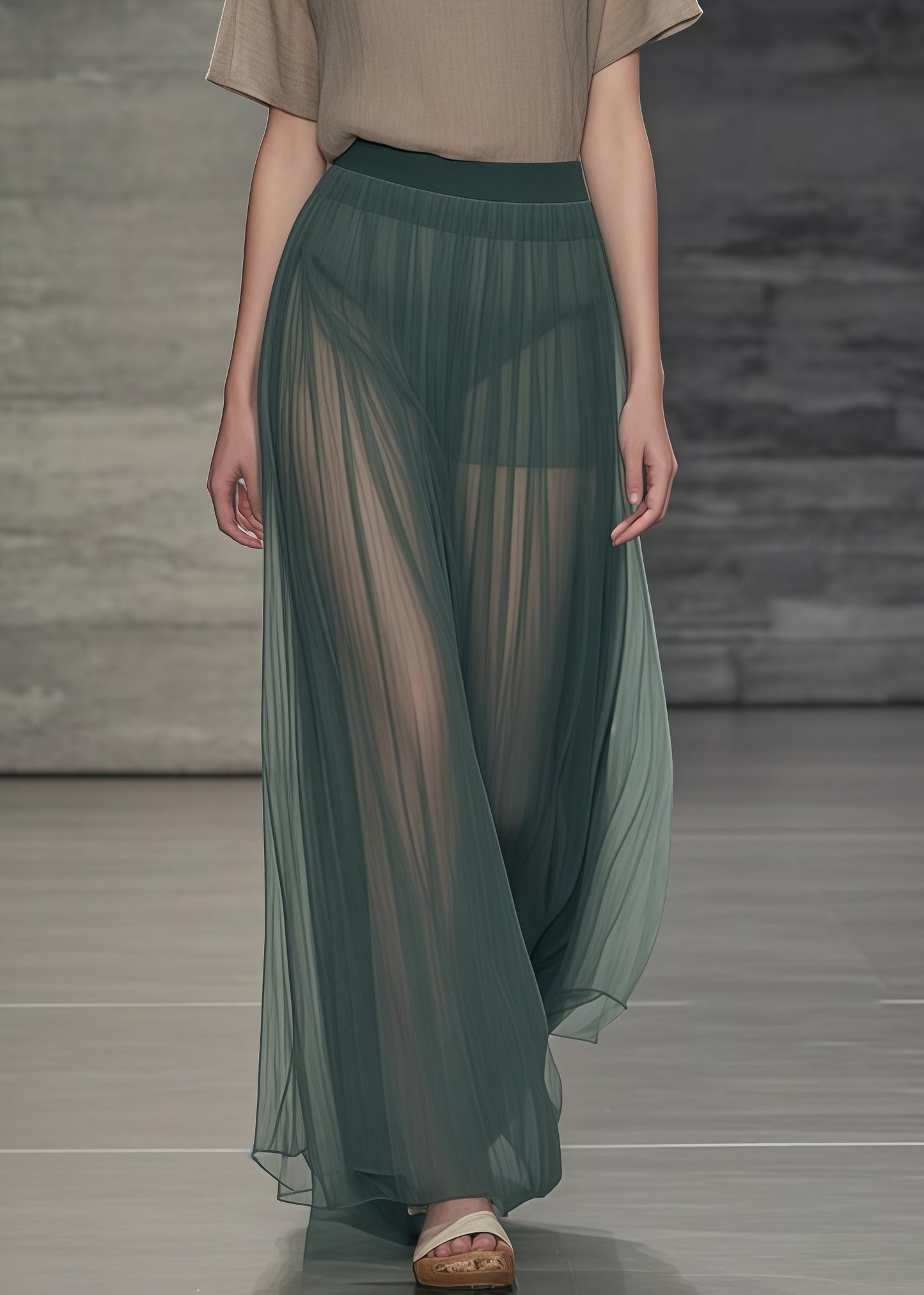 Women Tea Green Elastic Waist Tulle Pleated Skirts Summer