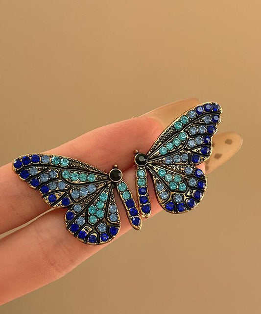Fashion Dark Blue Sterling Silver Overgild Butterfly Stud Earrings