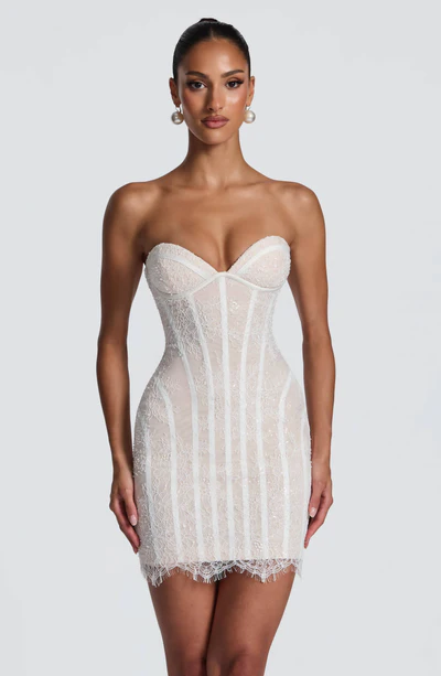 French Lace Corset Strapless Mini Dress | Luxury Elegant Lace-Up Waist-Cinching Slimming Dress