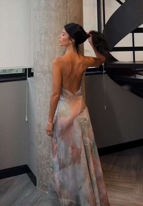 Tie-Dye Print Cowl Neck Open Back Cami Maxi Dress | Elegant Bodycon Evening Gown